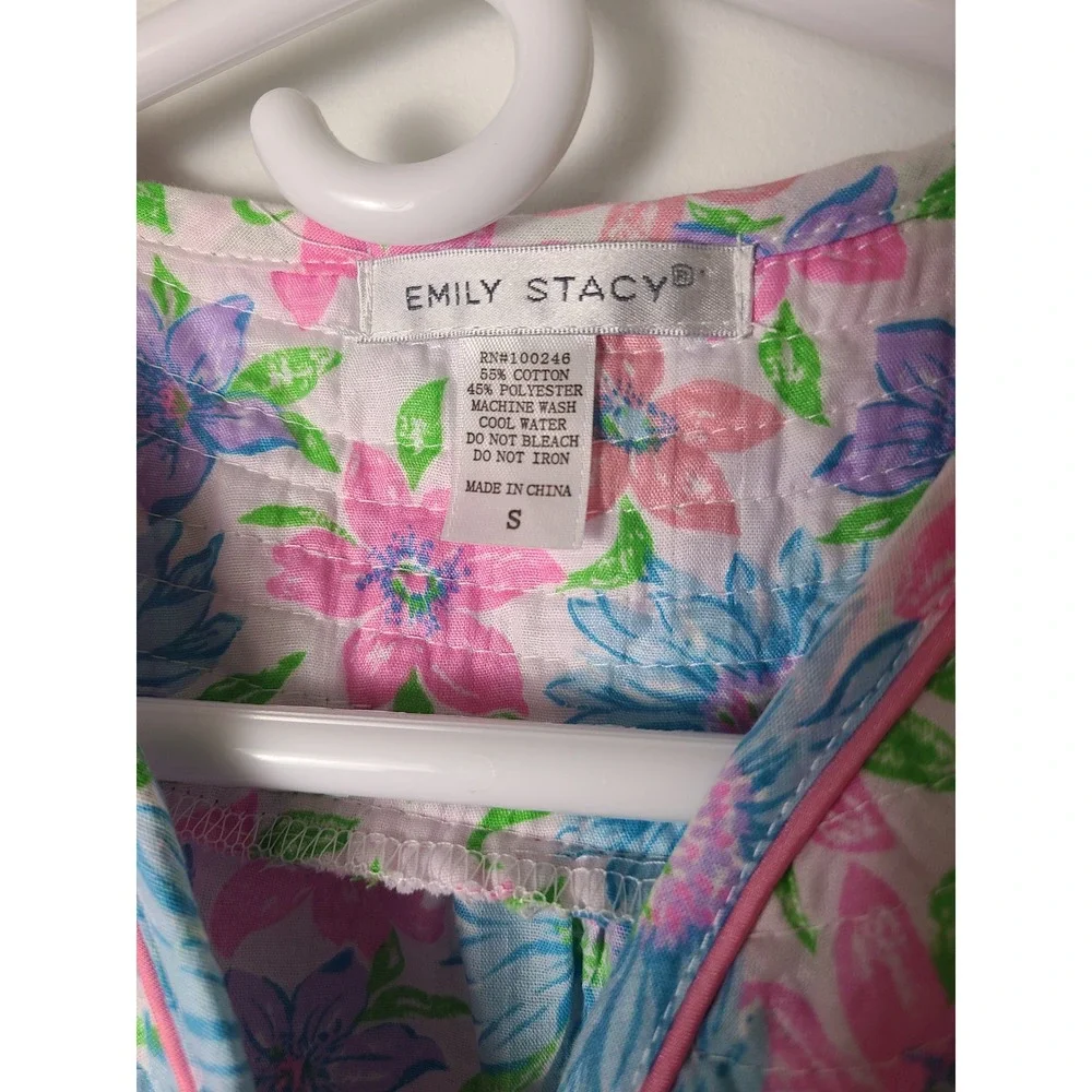 Emily Stacy Sm Floral Seersucker House Button Gown Dress Robe‎ Granny MuuMuu Vtg